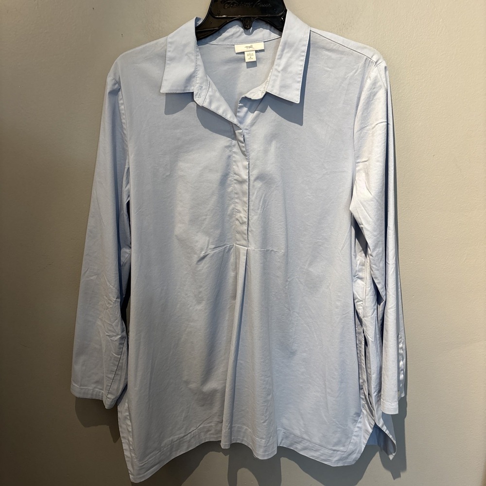 Jjill Womens Light Blue Popover Tunic Blouse Size MP Coastal Office Lagenlook